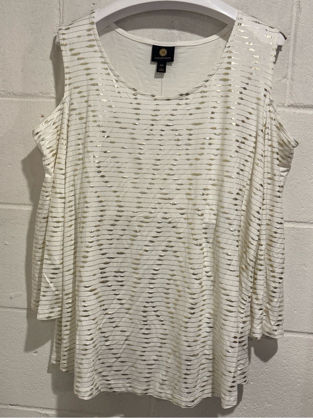 JM Collection cold shoulder top white metallic gold stripe 3/4 sleeve size PXL